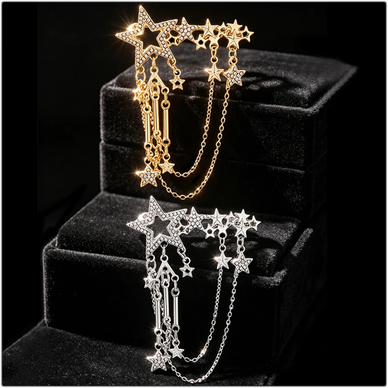 Metal Hollow Meteor Brooch Lapel Pins Clothes Decorative Accessories Long Tassel Rhinestone Shooting Stars Brooches Buckle Badge
