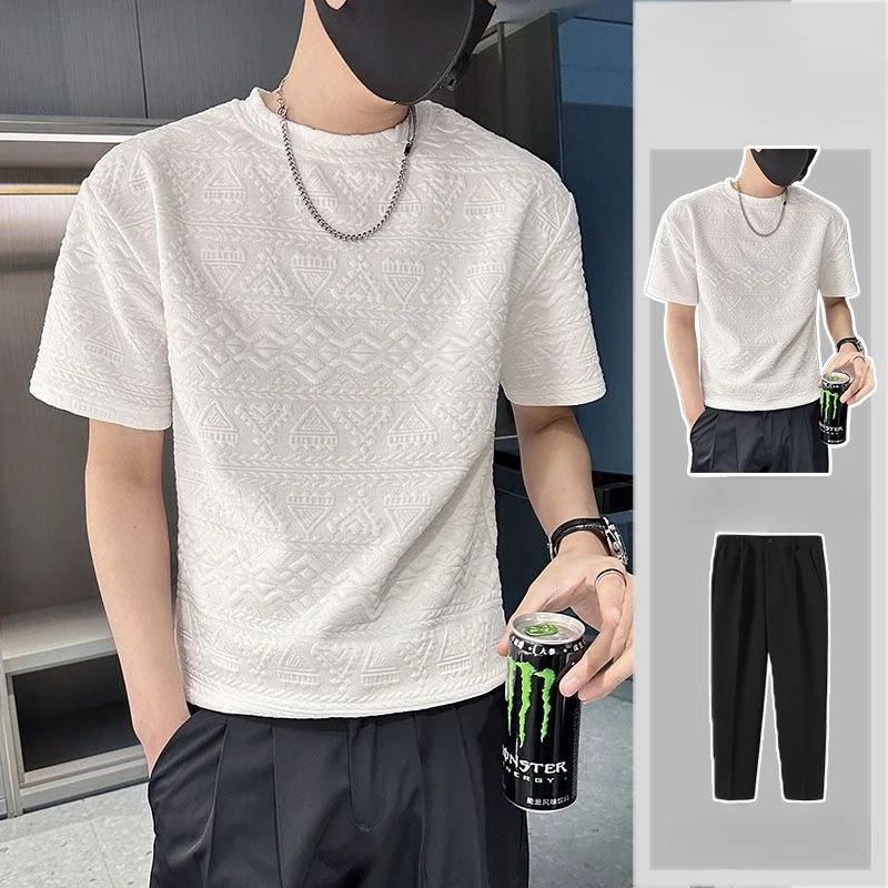 

Korean Fashion Men Short Sets Fashion Casual Short Suit Designed T-shirts Pants 2 Piece Set Summer Tracksuit Men 2023 New BS134