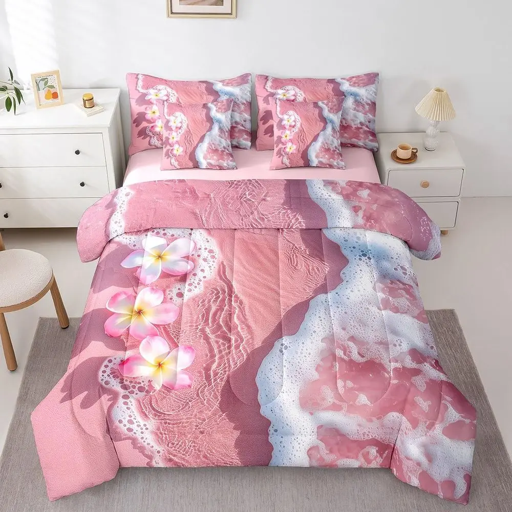 

Queen Size 7-Piece Tropical Beach Theme Comforter Set with Sheets, Perfect for Summer Ocean Decor in Pink for Kids and Teens