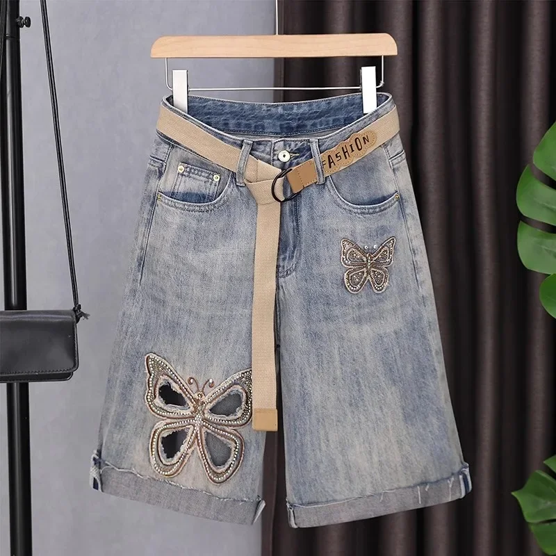 Denim Five-Point Pants 2024 New High Waist Make Old Hollow Slim Fashion Elegant All-Match Casual jeans Plus Size Shorts Women