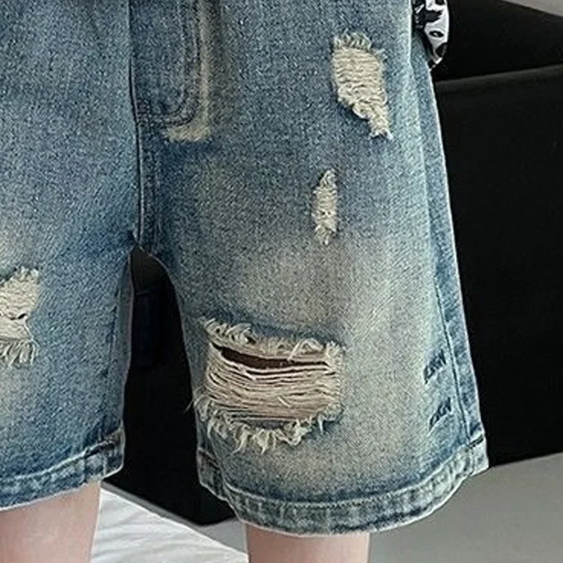 2026 Summer New Boys Denim Shorts Solid Color Fashion Hole Knee Length Jeans Pants For Teen Kids Casual Clothing 2-10 Years