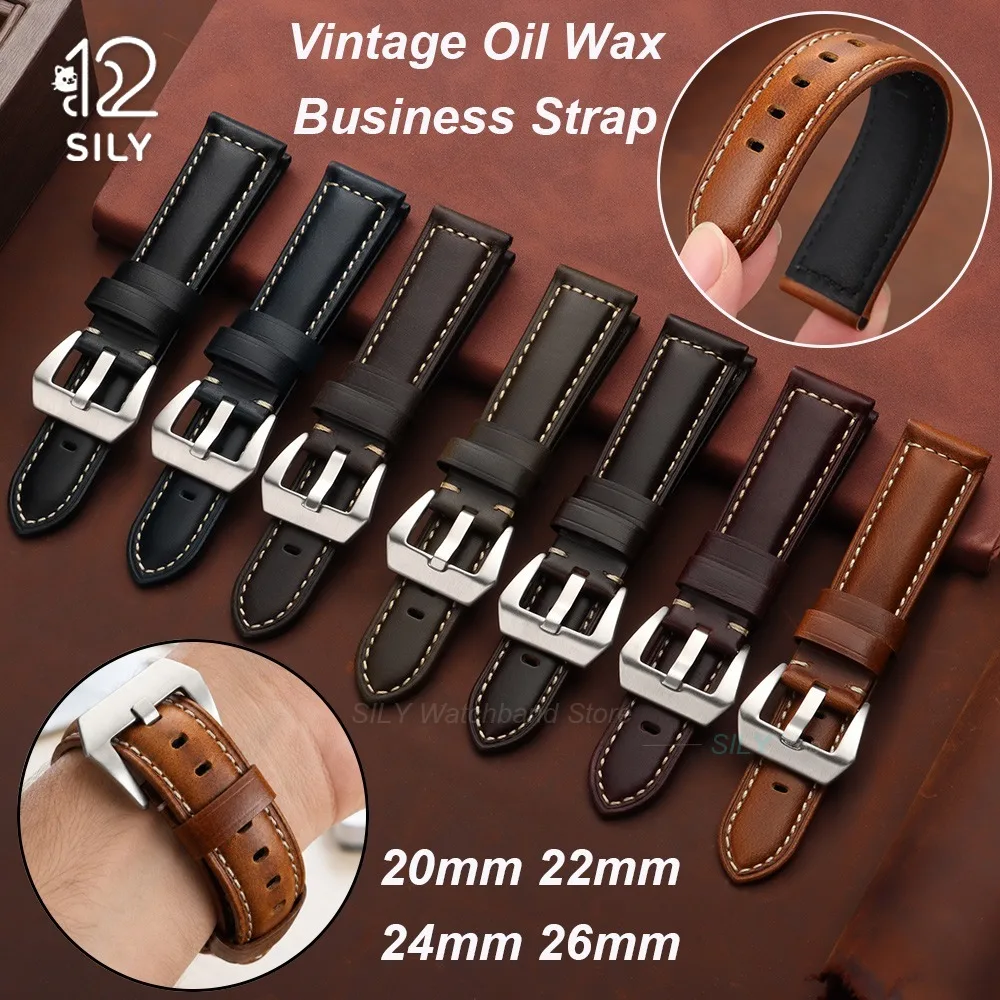 20mm 22mm 24/26mm Business Kalbsleder-Armband Vintage Öl-Wachs Rindsleder Uhrenarmband Zubehör Universelles Sport-Armband für Männer und Frauen
