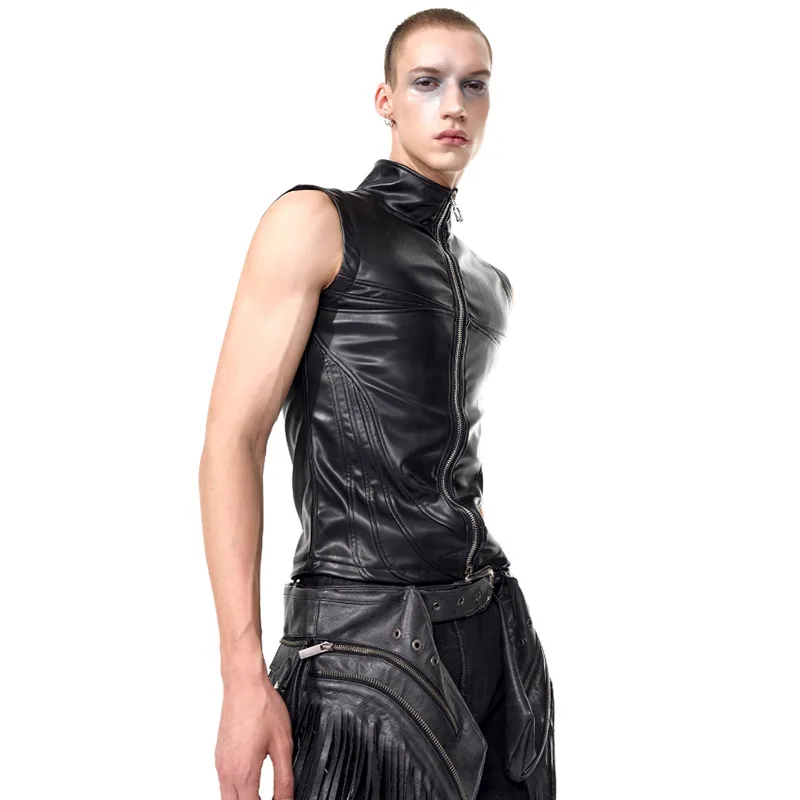 LUZHEN Original Personalized High Quality Leather Jacket Sleeveless Men's Fashion Slim Fit Street Male Motorcycles Coat JY3819