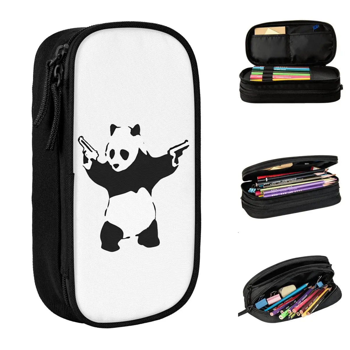 Panda Holding Guns Banksy Graffiti Pencil Cases Classic Pen Holder Bags Kids Large Storage School Supplies Gift Pencilcases