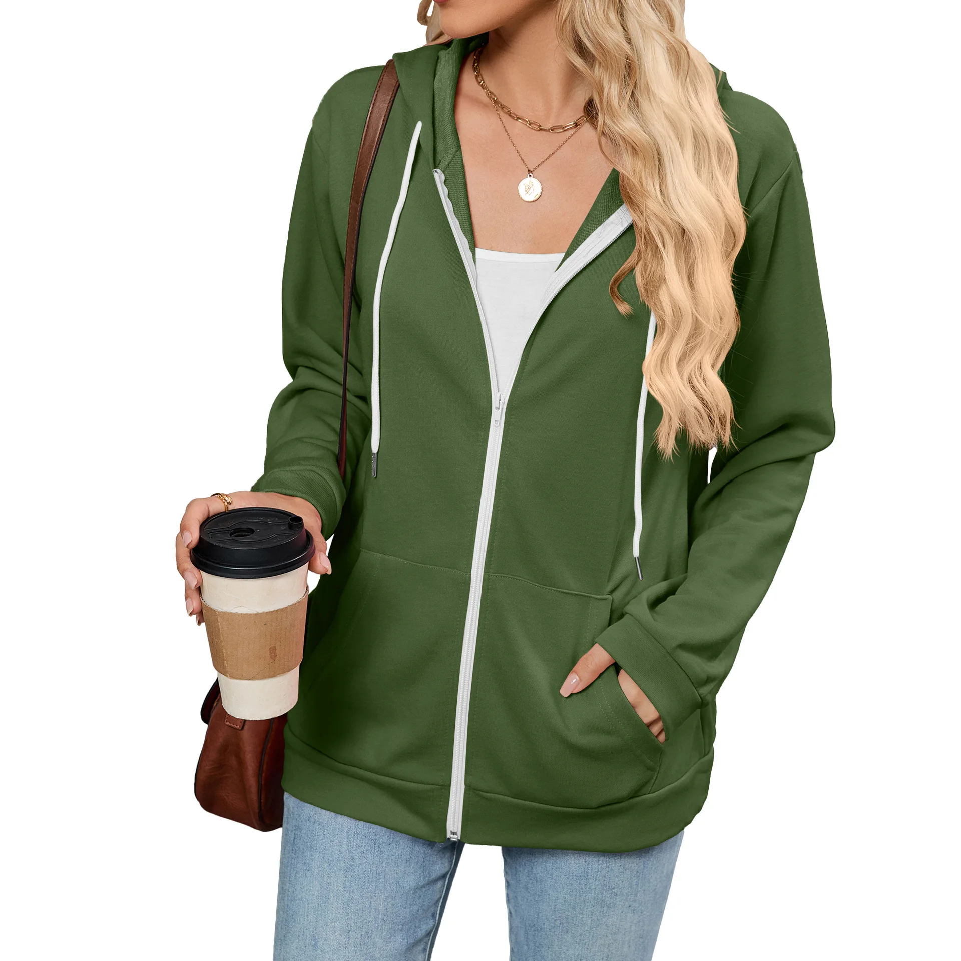 Women Casual Hoodie Fashion Solid Color Drawstring Sweatshirt Simple Classic Zipper Long Sleeve Autumn Jacket Student Sport Coat