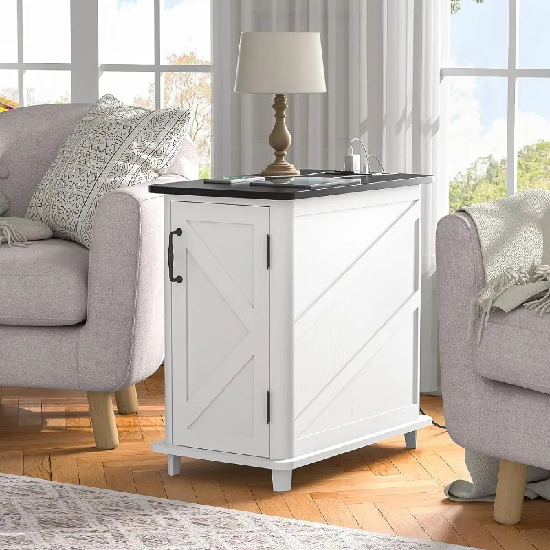 

with Charging Station, 23" Deep Farmhouse End Table with Barn Door and Adjustable Storage Shelf, Wood Rustic Sofa Sid