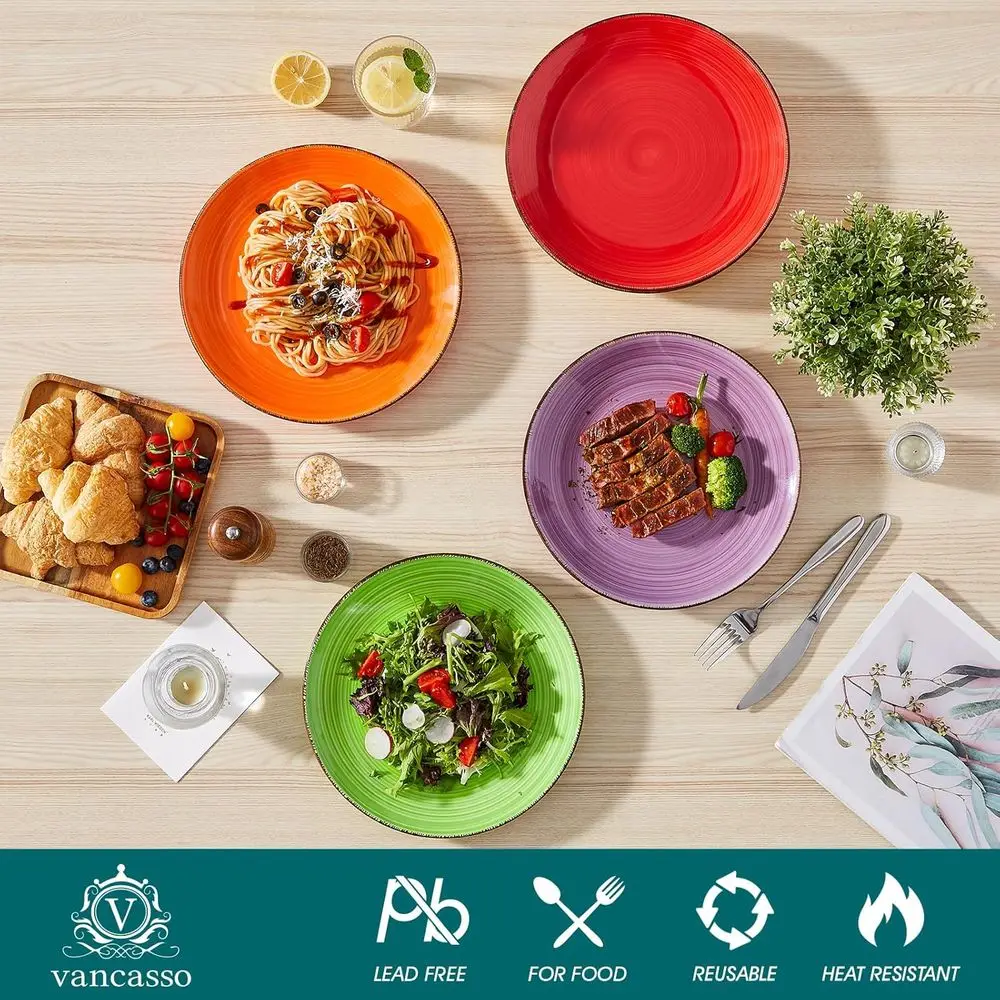 أطباق عشاء بونيتا، أطباق سيراميك 10.5 بوصة، أطباق آمنة للميكروويف والفرن وغسالة الأطباق، مجموعة من 6 قطع - ألوان متنوعة