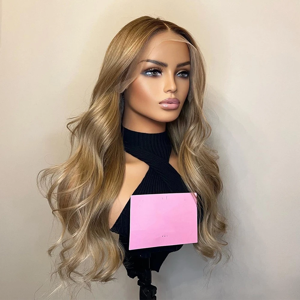 

Soft Gold Blonde w Light Brown Roots 13x4 Synthetic Lace Front Wigs Highlights Glueless Long Wavy Wigs for Women Wear and Go