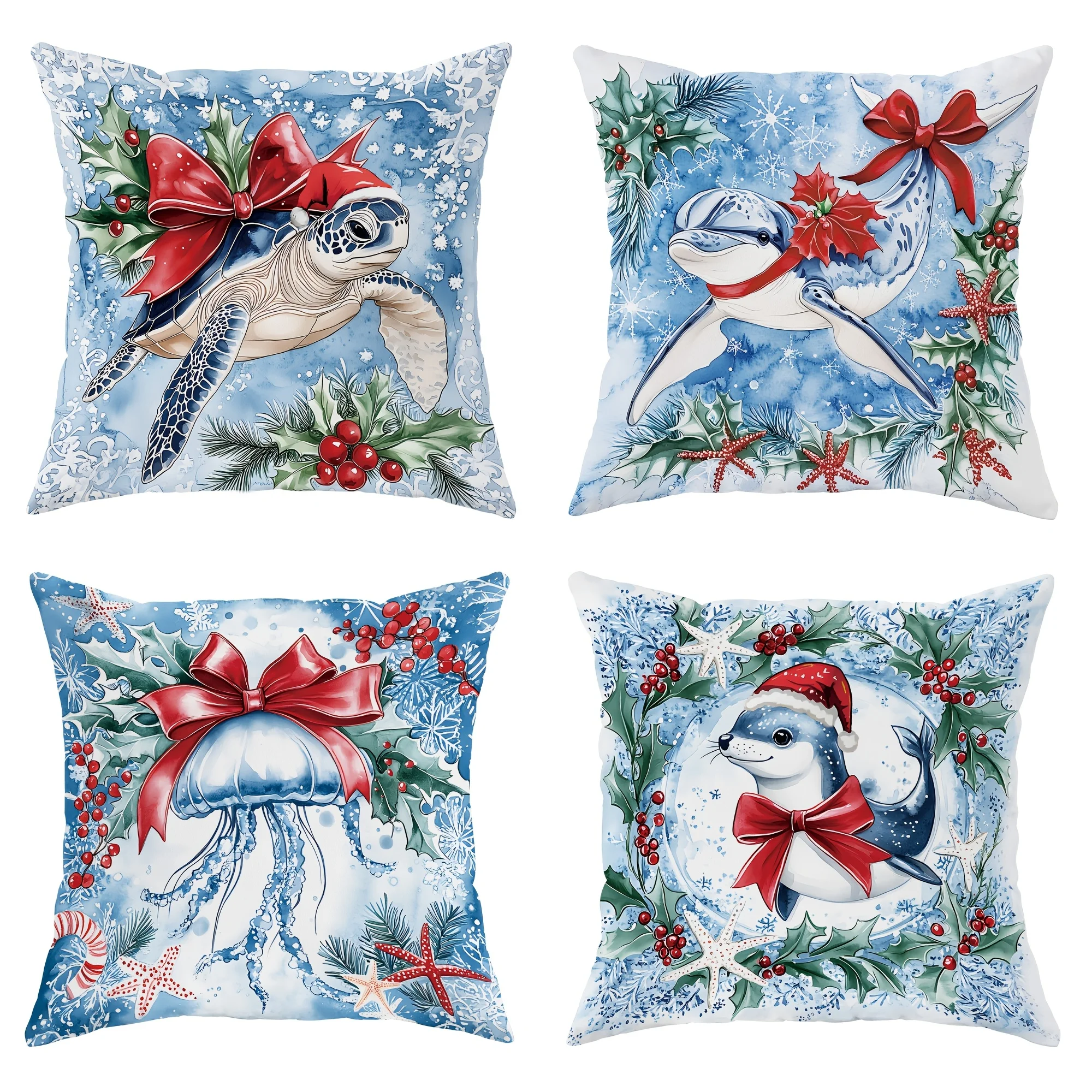 4-Pack Coastal Nautical Christmas Throw Pillow Covers, Ocean Animals with Bows Holly Red Blue Festive Decorative