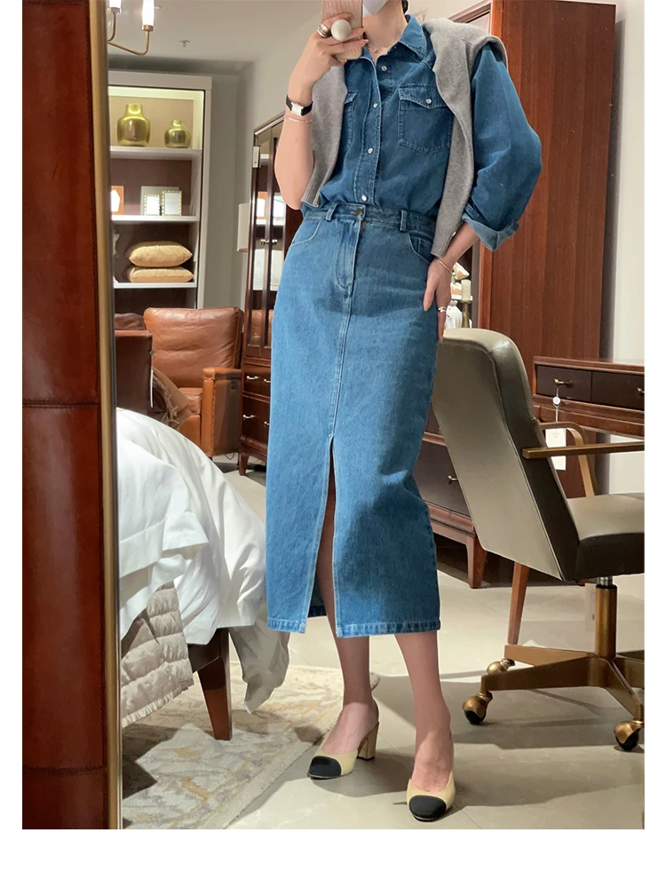 

Джинсовая юбка с высокой талией, прямым кроем, разрезом и повседневным дизайном, женская хлопковая юбка-карандаш для работы и отдыха