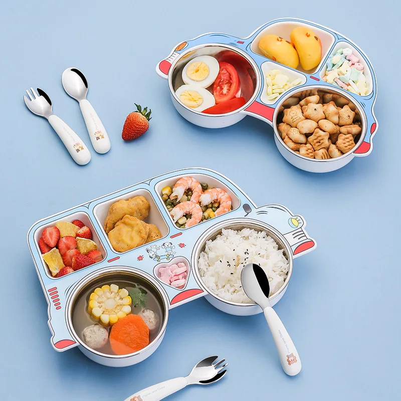 304 Stainless Steel Children's Car Plate Can Be Disassembled And Washed Baby Food Bowl Creative Cartoon Grid Plastic Plate Set