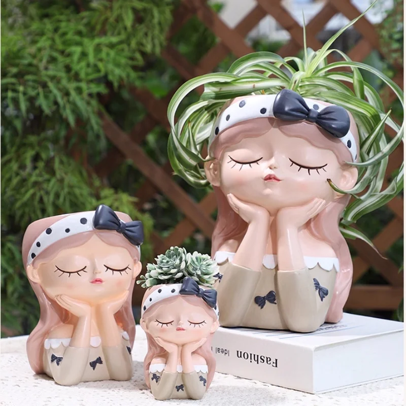 Silicone mold cute bow girl flowerpot Nordic style DIY gypsum resin green algae fleshy flowerpot tool large mold view 6