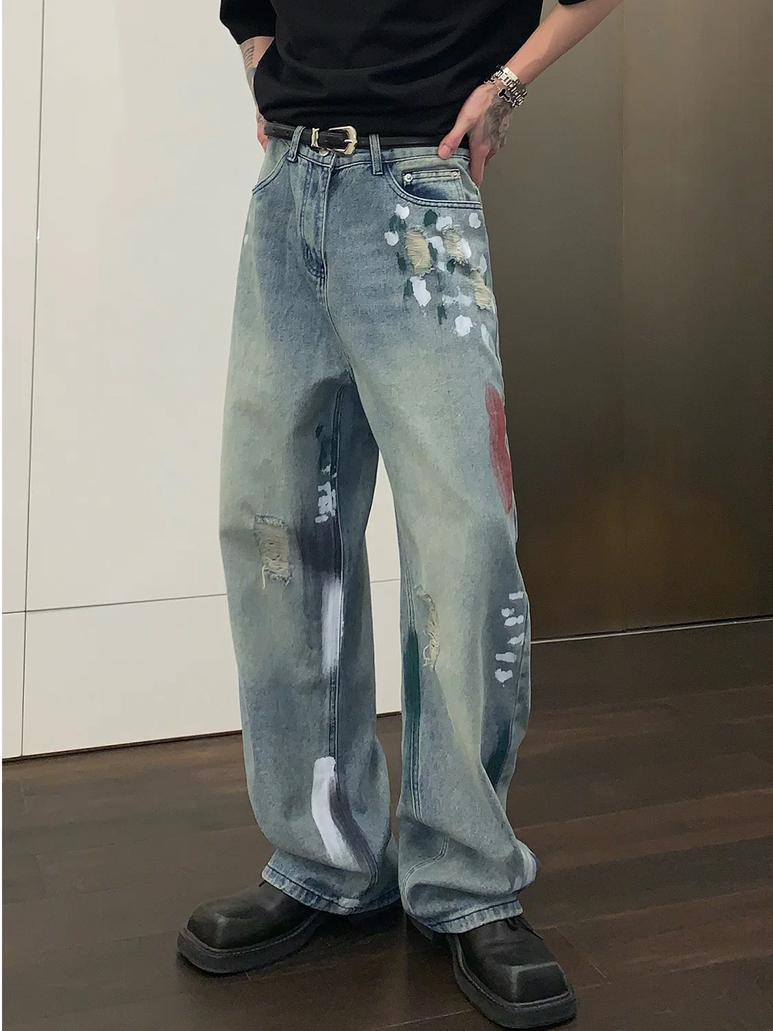 

Мужские джинсы свободного прямого кроя с эффектом брызг краски, широкие, удлиненные, повседневные брюки для весны и осени