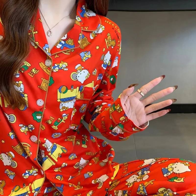 Bonito olá kitty conjunto de pijama vermelho presente de natal manga longa outono loungewear pijamas confortáveis homewear pijamas femininos
