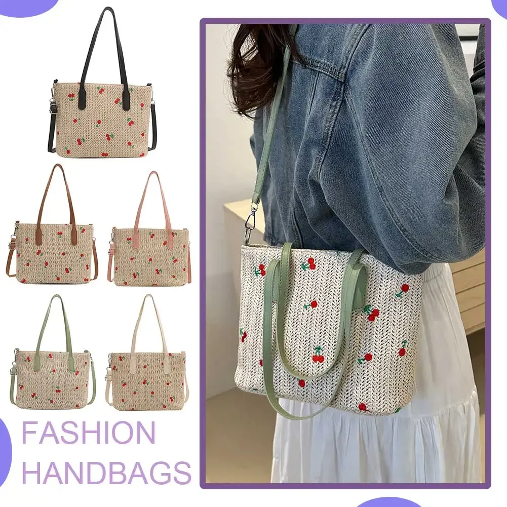

Cherry Straw Woven Tote Bag Fashion Shoulder Bag Large Capacity Stylish Crossbody Bag Adjustable Strap for Outdoor Travel