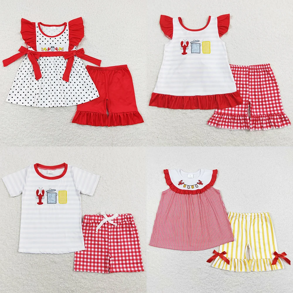 Boutique Baby Girls Clothes Crawfish Boiled Tee Ruffle Bow Tops Shorts Sets Kids Sibling Clothing Girls Boys Outfits Wholesale