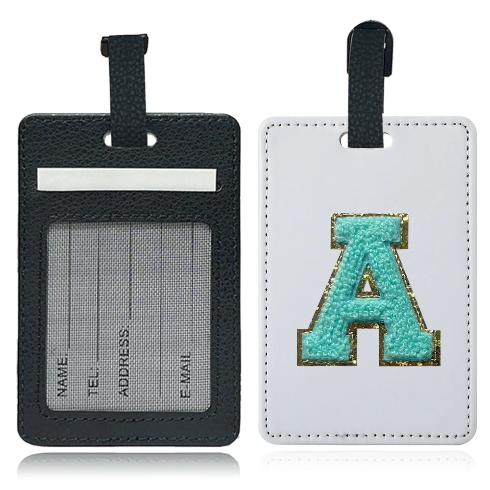 Initial Chenille PU Suitcase ID Card Holder Luggage Tag Cover Business Cards Covers Name Initials  A-Z 26 Letter Green Pattern