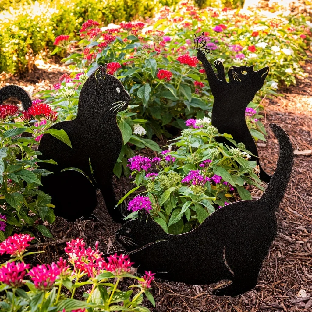 metal Cute Cat Garden Decorative, Cat Family Garden Stakes Decorative Silhouette Animal Outdoor Statues for Cat Yard Garden Lawn