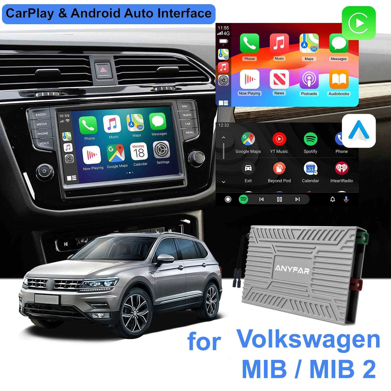 Wireless CarPlay Android Auto Decoder Box for VW SKODA SEAT MIB MIB2 Platform Golf 7 Tiguan Models in Glovebox Multimedia Unit