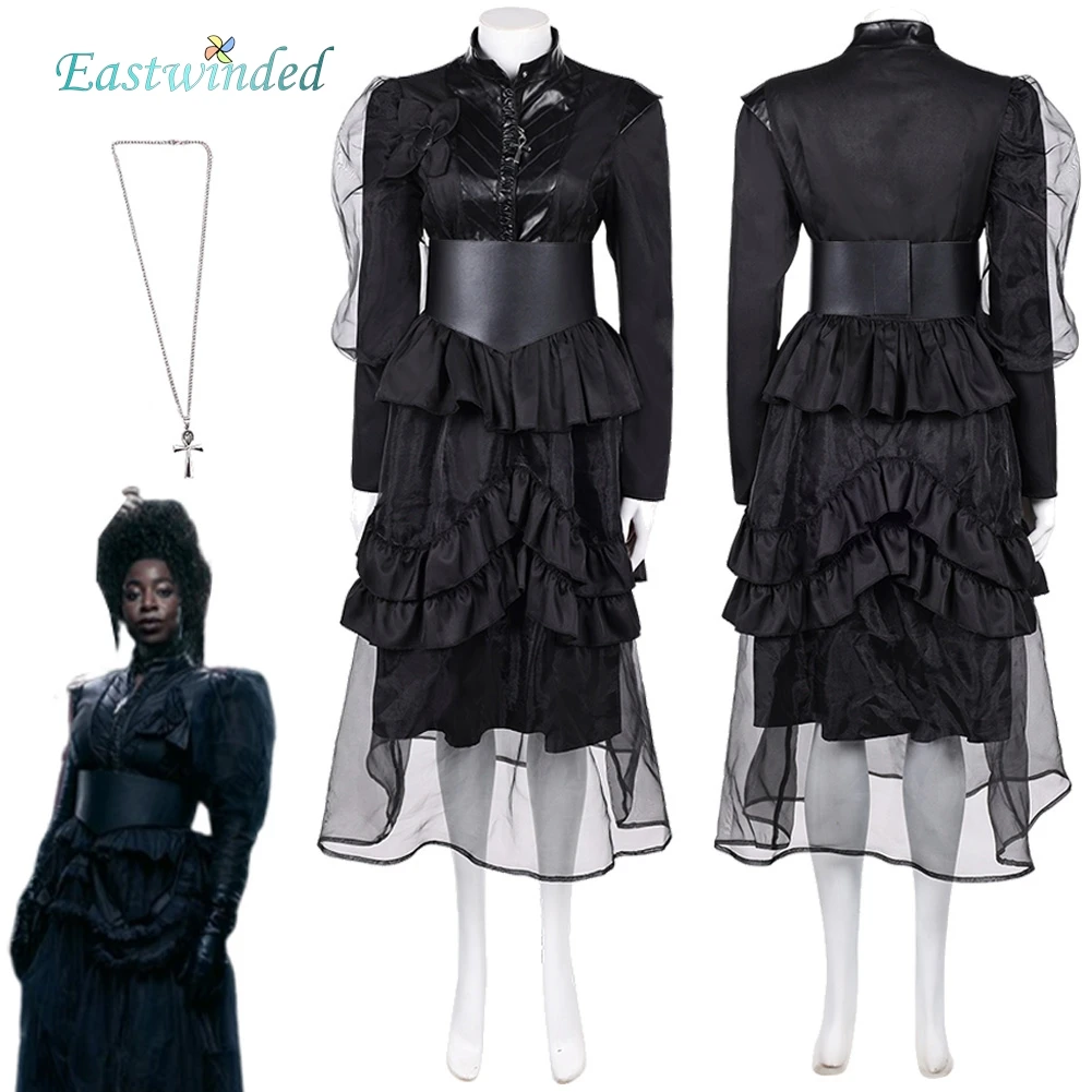

Movie TV Sandmen Lucienne Cosplay Black Dress Necklace Outfits Women Roleplay Costume Suit Halloween Carnival Party Dress Up