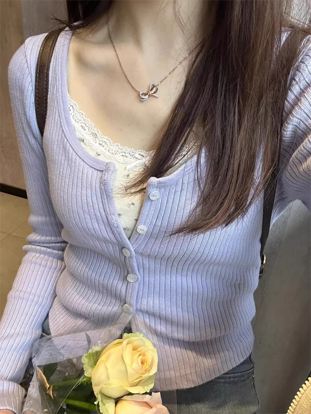 Blue Ribbed Slim Long Sleeve T-Shirts Woman Autumn Round Neck Single Breasted Crop Top Sweet Preppy Style Cotton Tshirt Y2k Tops