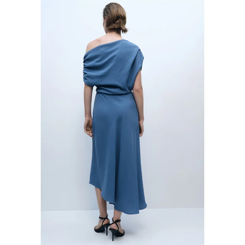 우아한 블루 비대칭 숄더 바나 여성 드레스 반팔 미디 길이 여름 하이웨이스트 OL 스타일 기타 소재
