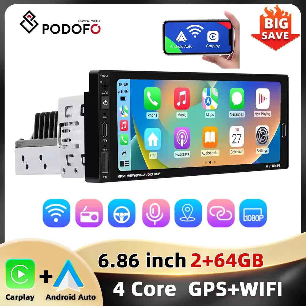Podofo 1Din MP5/Android autoradio 2 + 64G 4Core lettore multimediale Carplay Android Car Bluetooth Mirrorlink FM 6.86 ''autoradio