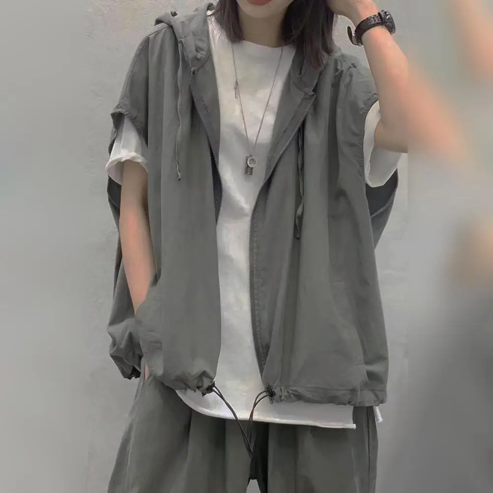 

Spring Summer Thin Vest Coat Hooded Sleeveless Cardigan Waistcoat Couple Hip Hop Style Oversized Zipper Placket Thin Vest Jacket