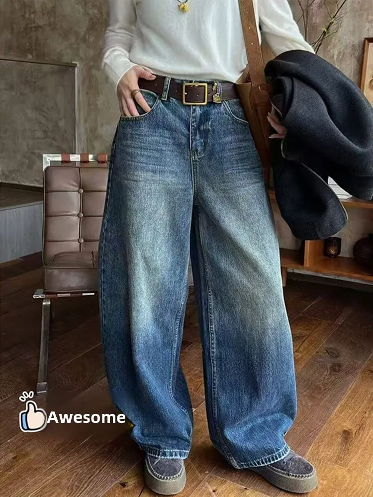 

Корейские широкие джинсы, женские модные джинсы, повседневные универсальные женские зимние брюки длиной до пола, Новое поступление, джинсовые брюки