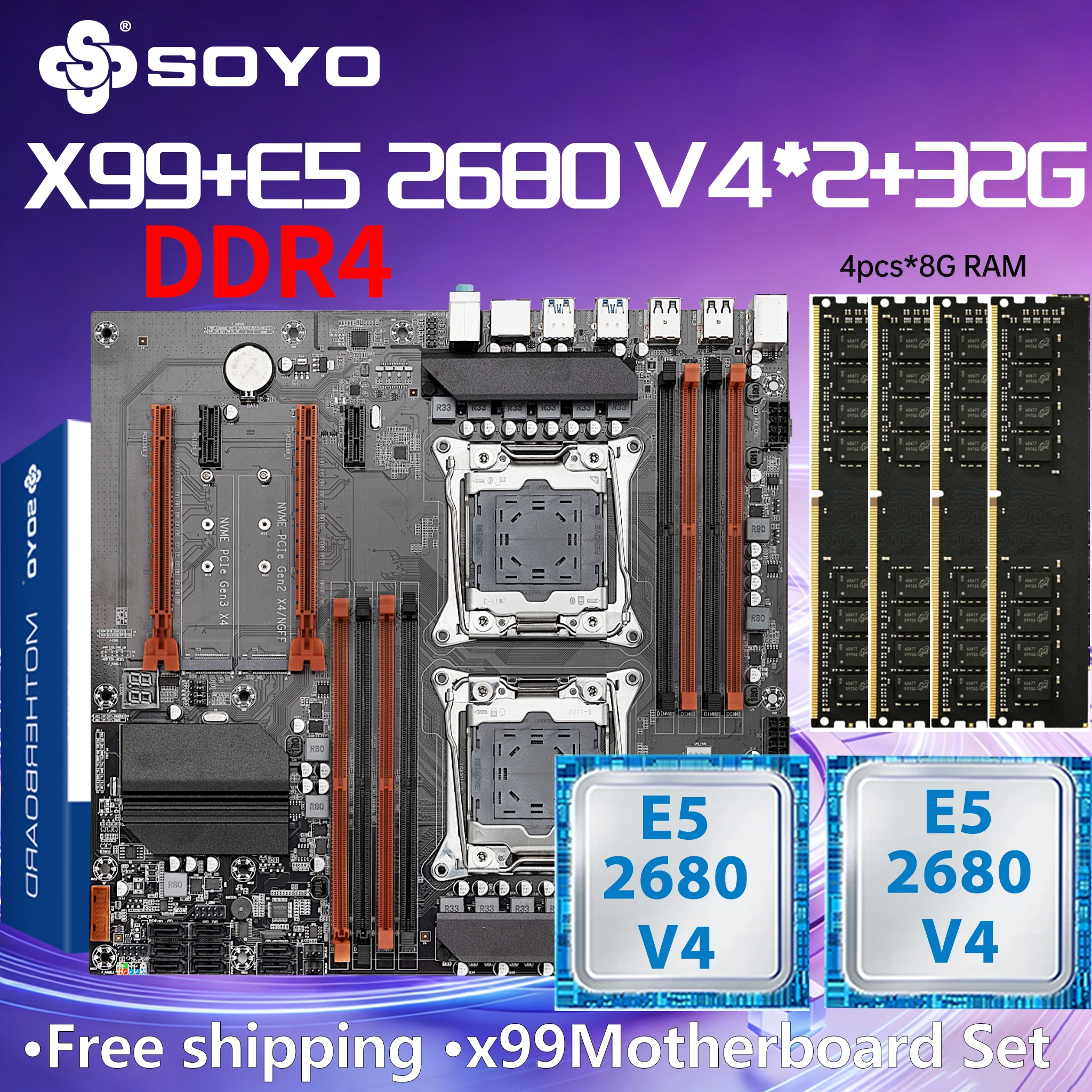 Placa base para juegos SOYO X99 Dual, CPU E5 2680 V4*2, RAM DDR4 de 32 GB (8G*4), Kit LGA2011-3, Intel combo M.2, PCIE16*2.0 para computadora de escritorio.