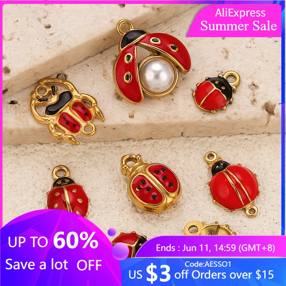 Breloque coccinelle en acier inoxydable et émail rouge, pour la fabrication de bijoux, plaqué or, matériaux pour bracelets et colliers, résultats artisanaux, 2/4/10 pièces