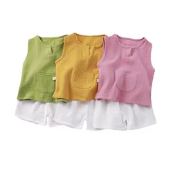 Boys Girls Summer Outfit Clothes Baby Sleeveless Set Shirt Soft Muslin Cotton Suit Tops +Pants 2PC 0-5 Years