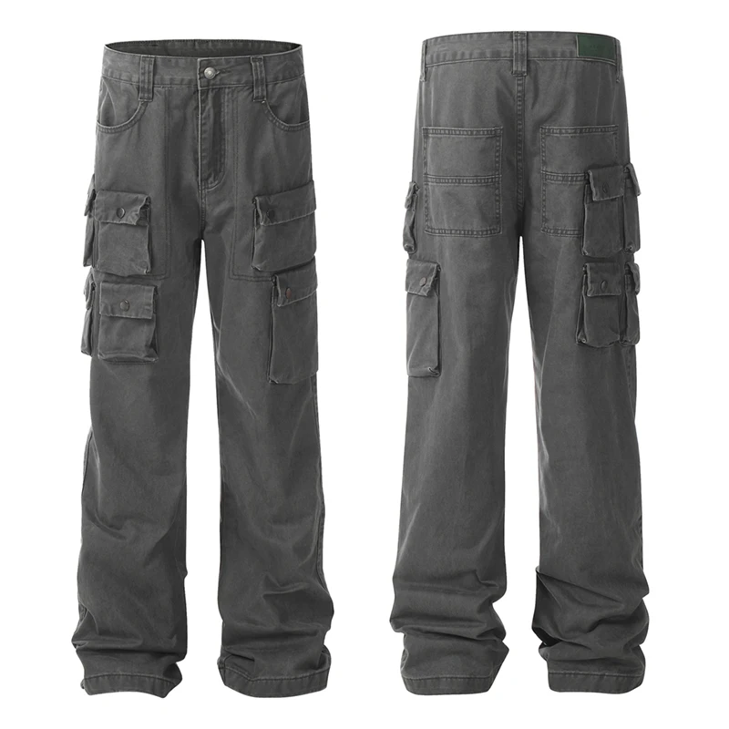 Retro Washed Multi-pocket Cargo Jeans Men's American Streetwear Fashion Hip Hop Casual Jeans Pants Women Trousers