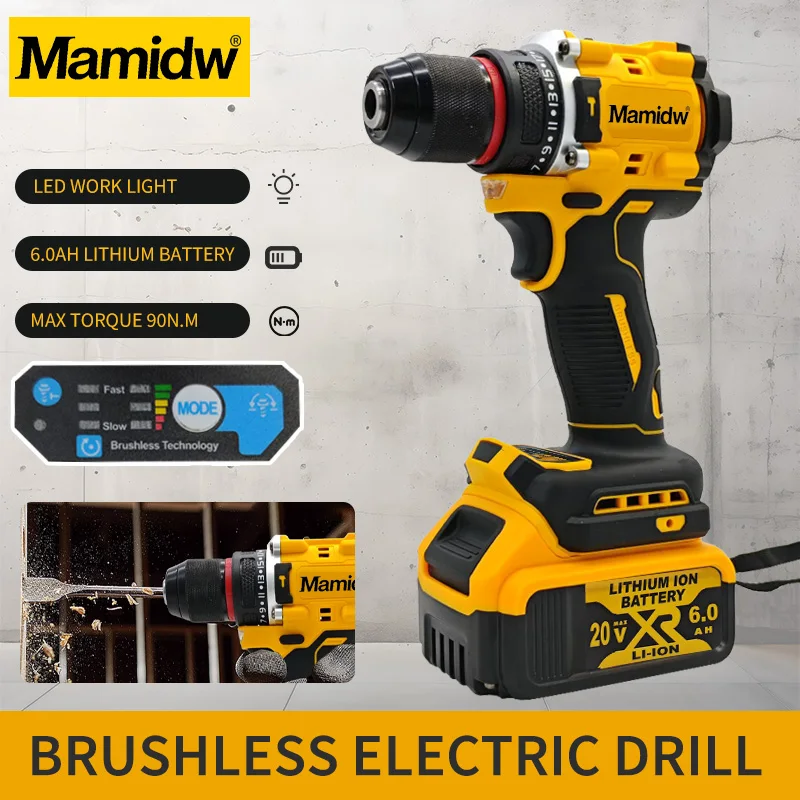 Image of Mamidw 90N.M bürstenloser Elektrobohrer, zweistufig einstellbar, stufenlos regelbarer Geschwindigkeitsschalter, Drehmomenteinstellung in mehreren Positionen, für Dewalt 20V Batterie PIN