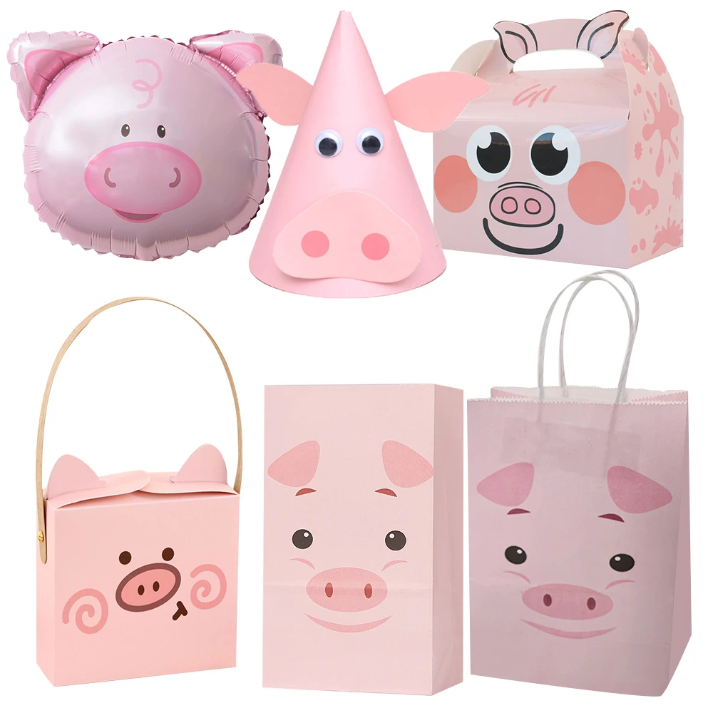 1pack Carton Pig Candy Boxes Pink Pig Cookie Paper Bags for Kids Farm Animal Happy Birthday Party Decoration Crafts Packages