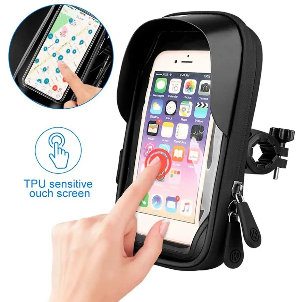 Wodoodporny uchwyt na telefon rowerowy/motocyklowy, torba na telefon z ekranem dotykowym, uchwyt na kierownicę rowerową 6,4 cala do iPhone 12 Pro Samsung — zdjęcie produktu 2