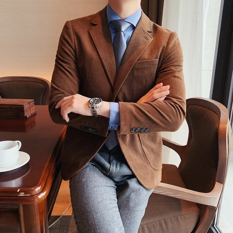 

2023 High Quality Korean Slim Fit Casual Corduroy Blazer Jacket Men Clothes British Style Long Sleeve Business Formal Wear Coat