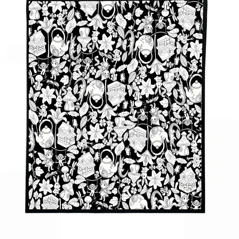 Black White Sketch Coloring Blanket Abundant Flower Teapot Mushroom Cottage Doodle Print DIY blanket Washable Painting
