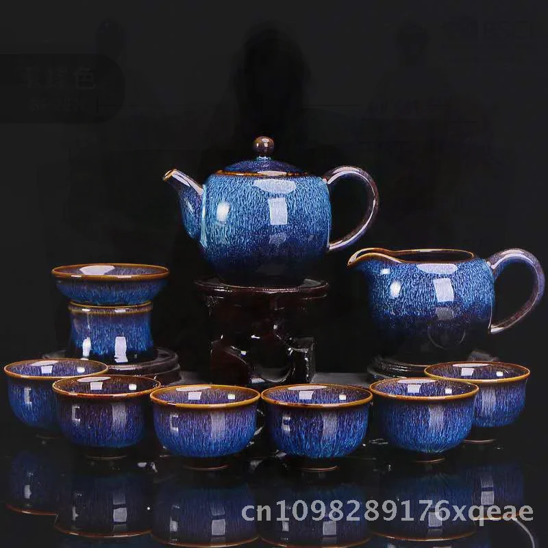 

High-End Ceramic Kung Fu Tea Set Creative Jun Kiln Wire Drawing 10-Piece Set for Home Business Activities Gift Box Included