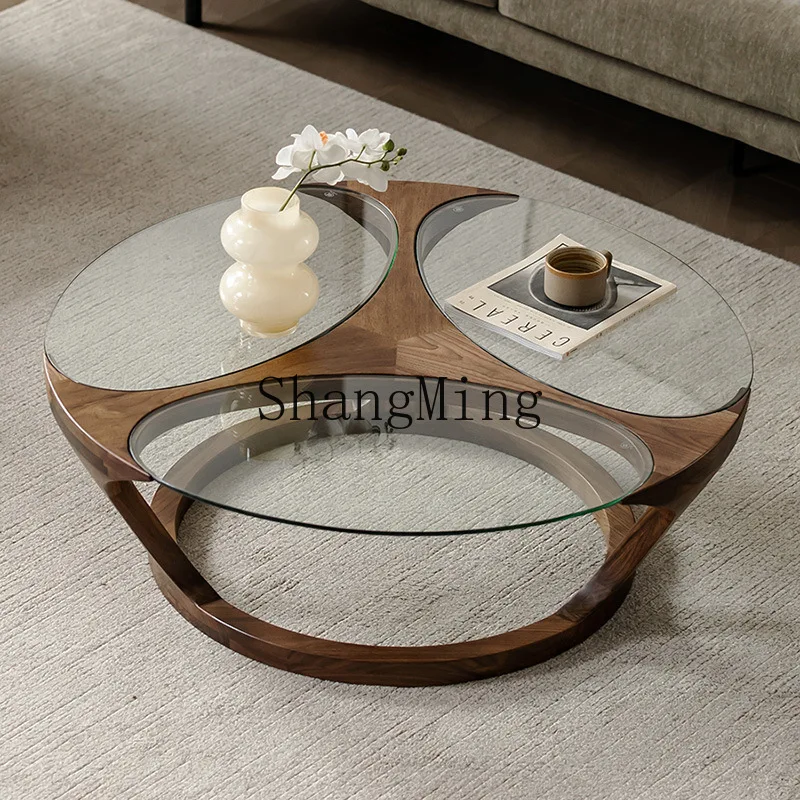 

CL household brown glass round coffee table black walnut coffee table modern simple low table