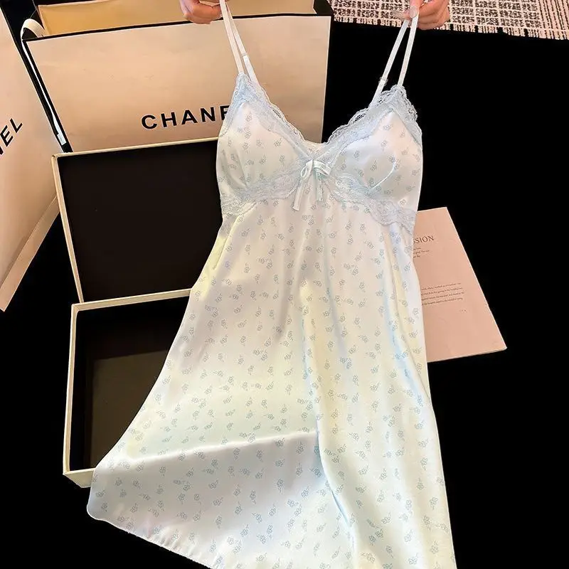 Female Spaghetti Strap Nightgown Intimate Lingerie Sexy Lace Mini Nightgdress Chemise Sleepwear Ackless Ice Silk Skirt Home Wear