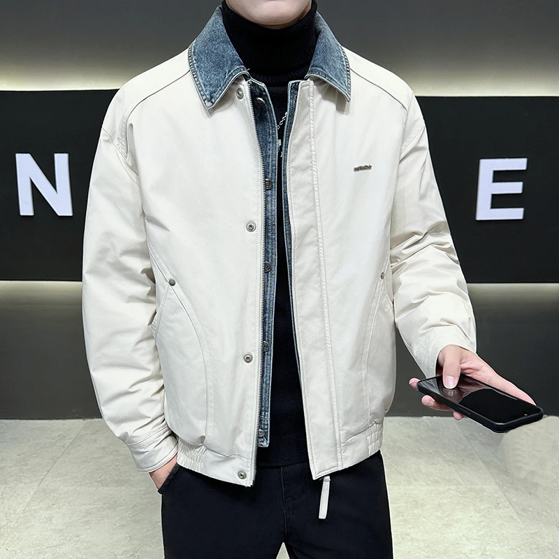 

Модные молодежные куртки на утином пуху с отложным воротником, осень-зима 2025, мужские легкие облегающие пуховики, уличная одежда, топы