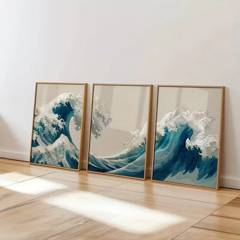 

3pcs Japanese-style Serene Wave Abstract Coastal Landscape Canvas Poster Decoration, Blue Nautical Zen Beach Home Decoration