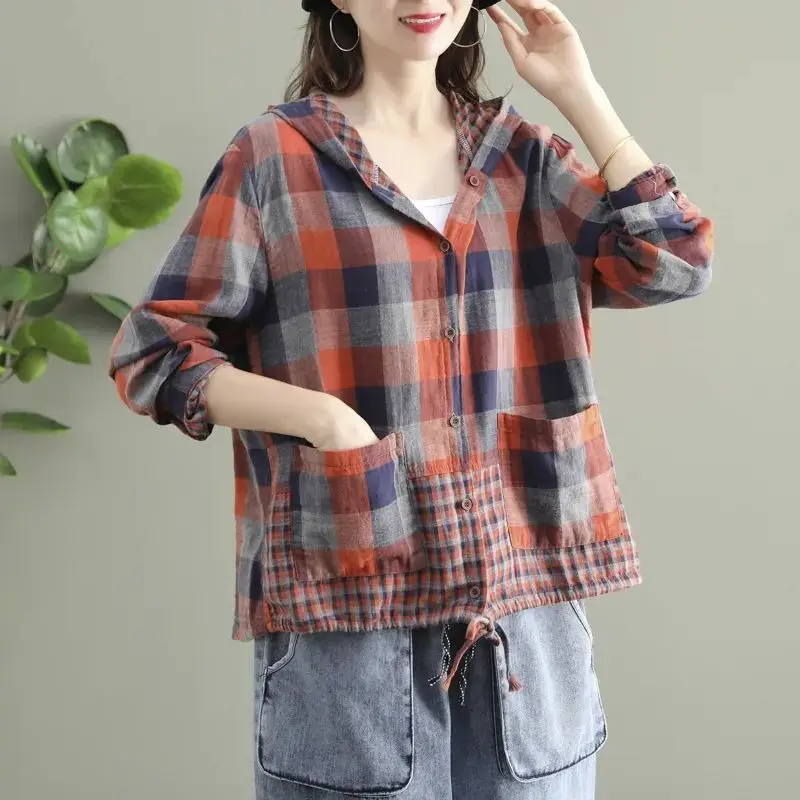 Vintage Printed Spliced Shirring Pockets Hooded Plaid Shirt Women\'s Clothing 2023 Spring Autumn New Casual Tops Korean Blouse