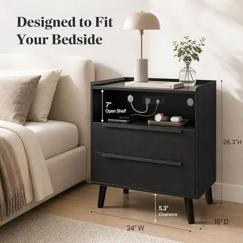 26 Inch Tall Black Oak Nightstand with Charging Station, 2 Drawers | 24 inch wide, 16 inch deep design with raised-edge