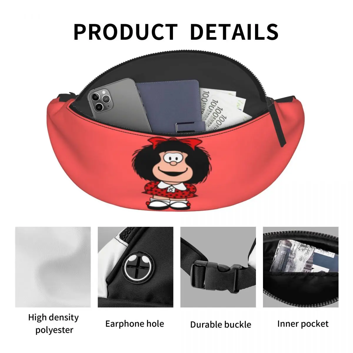 Kawaii Mafalda Fanny Pack Men Women Casual Quino Argentina Cartoon Crossbody Waist Bag for Camping Biking Phone Money Pouch