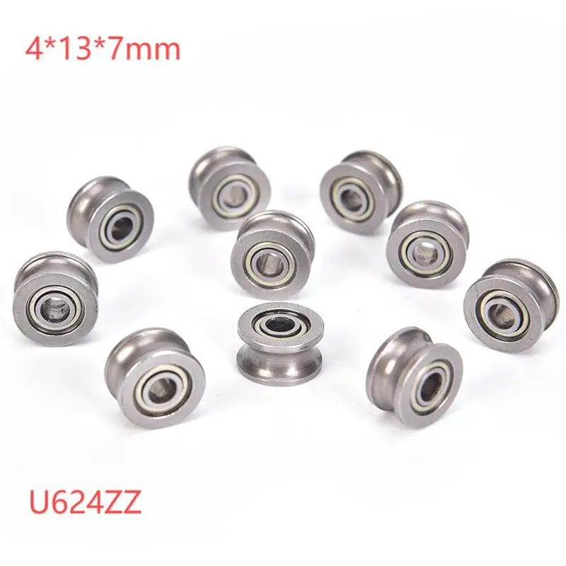 10pcs U624ZZ 4*13*7mm U Shaped Round Bottom Track Groove Pulley Bearing Sliding Rollers Bearing U Groove Ball Bearings