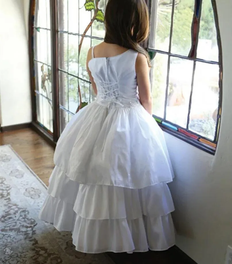 

High Quality White Flower Girl Dress for Wedding Solid Satin First Communion Dress with Jacket