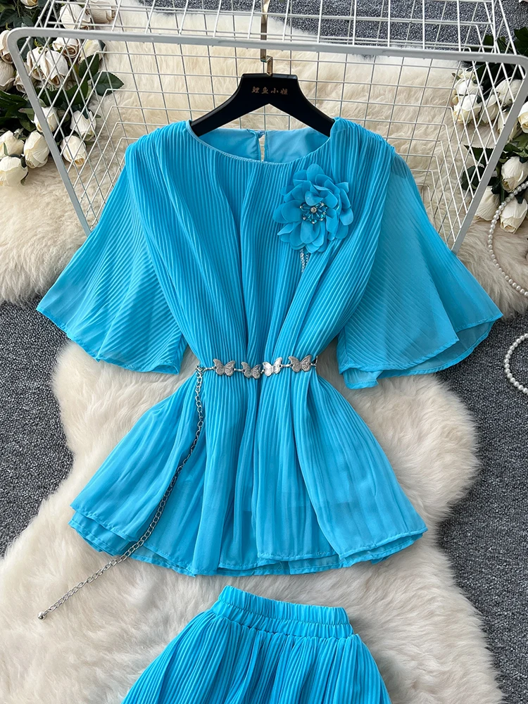 Summer New Women's Skirt Chiffon Two-piece Set Three-dimensional Flower Trumpet Sleeve Top+ Pleated Large Swing Skirt Set C259