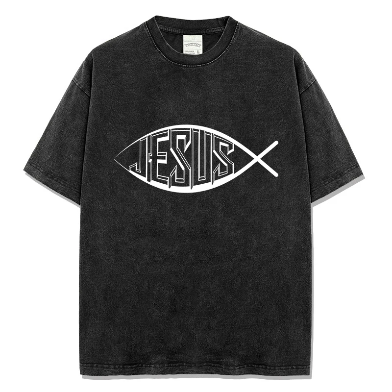 

Summer Men's Casual T-shirt Washed Color Jesus Fish Print Designer Short Sleeve T Shirts Pure Cotton Comfortable Male Tops